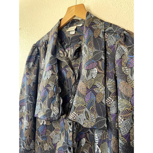 VTG Pykettes Grandmacore Leaf Floral Print Ribbon Neckline Button Up Top Size 12 - Picture 2 of 9
